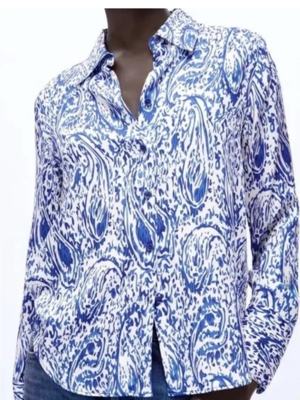 Adorable Zara Blue and White Paisley Printed Button Down Blouse Sz Large